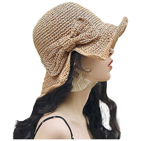 Wide Brim Floppy Straw Beach Sun Hat 2 Pack Khaki & Black - Picture 2 of 9